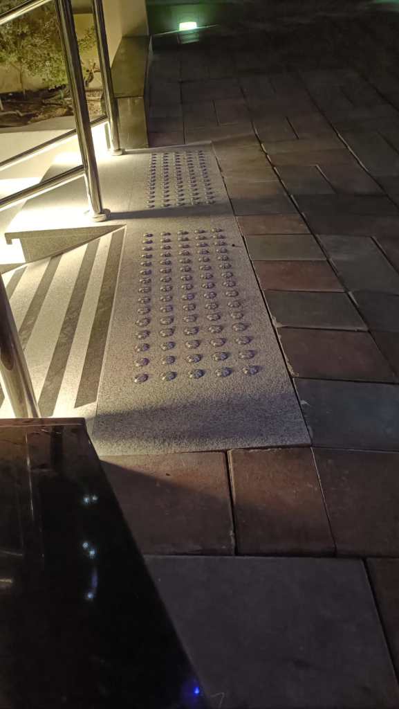 A close-up of a textured pathway with tactile paving elements and a handrail, illuminated at night.
